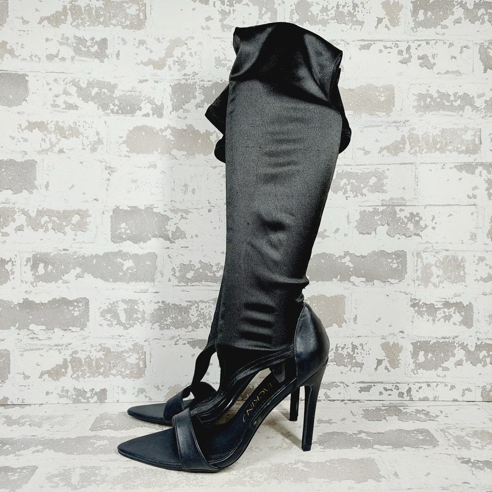 NEW Mackin J Satin Thigh High‎ Stocking Stiletto Black Over The Knee Boots K800